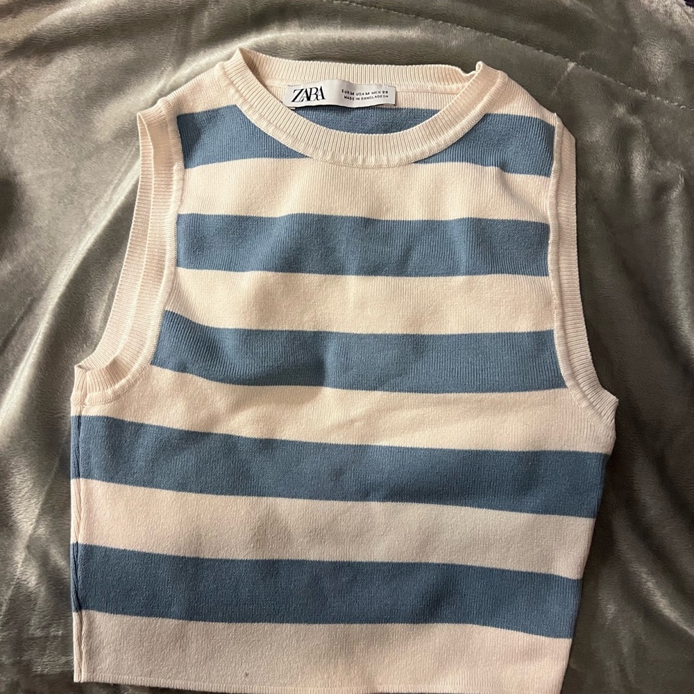 Zara Sleeveless Blue and Cream Striped Top